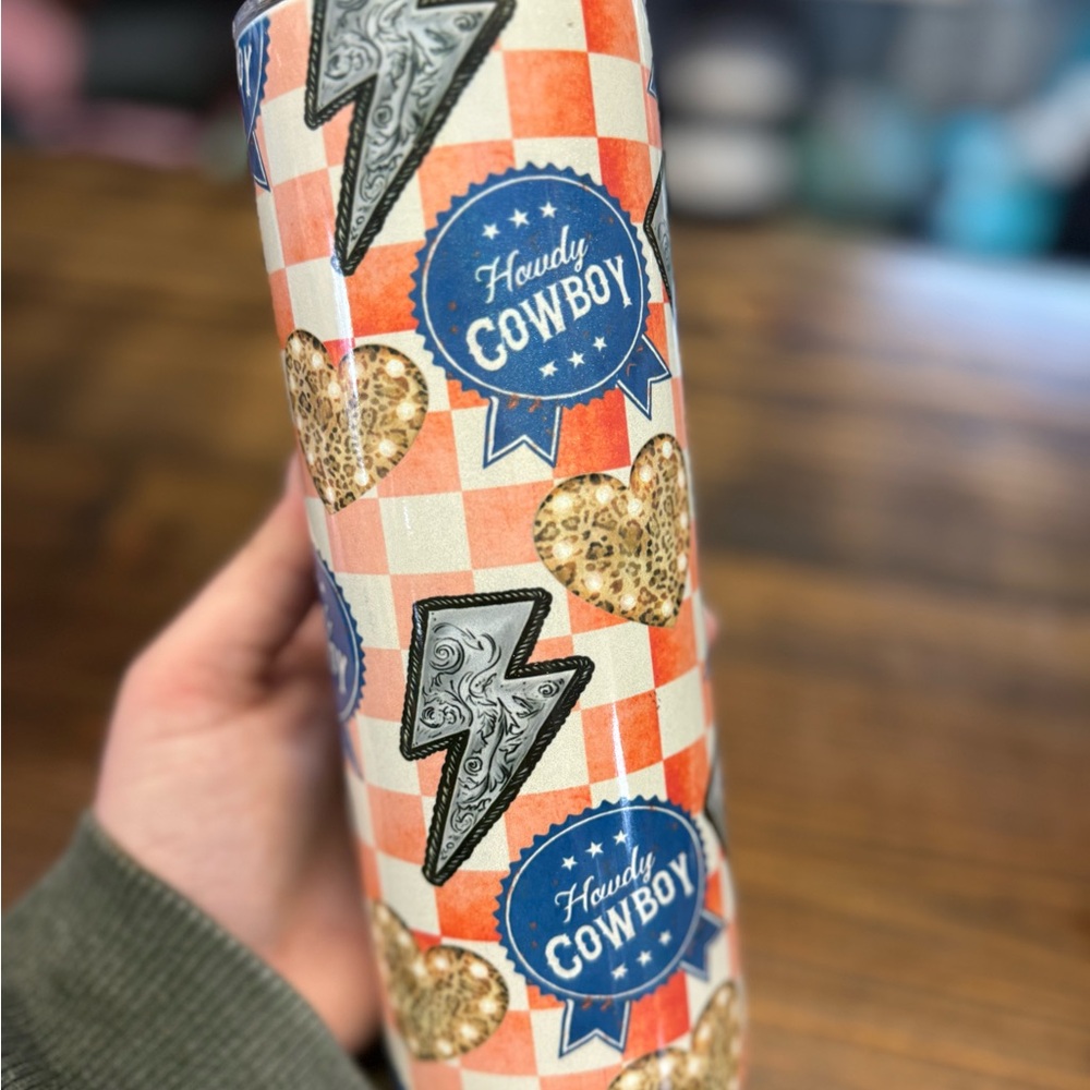 Howdy Cowboy Tumbler with Lightning and Heart Design